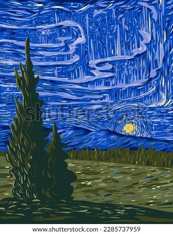 WPA poster art of northern lights in Wapusk National Park with starry night in Hudson Bay in Hudson Plains within Manitoba Canada done in works project administration or federal art project style.