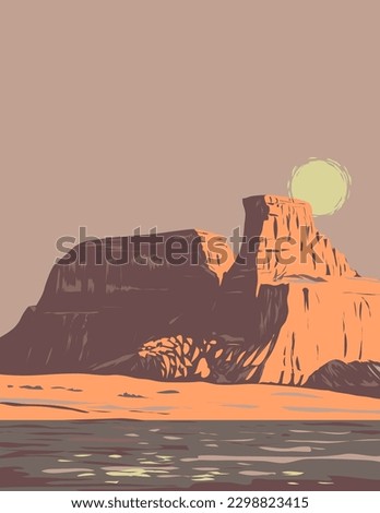WPA poster art of Gunsight Butte on Lake Powell area located in Glen Canyon National Recreation Area in Kane County, Utah USA in works project administration or Art Deco style.