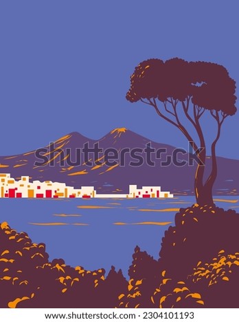 WPA poster art of Pine of Naples with a view of the city and the Gulf or Bay of Naples with Mount Vesuvius in the background at dusk in Italy done in works project administration or Art Deco style.