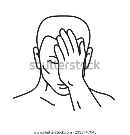 Mono line illustration of a facepalm with man placing hand across face, lowering face into hand covering eye an expression of disbelief, shame or exasperation front done in monoline line art style.