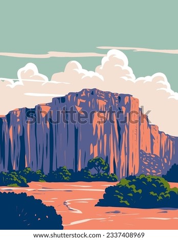 WPA poster art of Talampaya National Park or Parque Nacional Talampaya within area of the High Monte ecoregion in La Rioja Province, Argentina done in works project administration or Art Deco style.