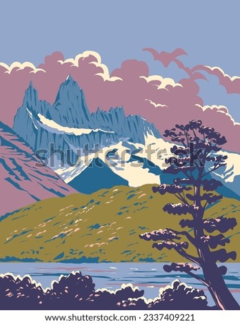 WPA poster art of Monte Fitz Roy with Viedma Lake located in the Southern Patagonian Ice Field near El Chalten village in Patagonia, Argentina done in works project administration or Art Deco style.
