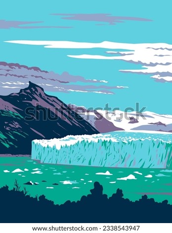 WPA poster art of Perito Moreno Glacier located in Los Glaciares National Park in southwest Santa Cruz Province, Argentina done in works project administration or Art Deco style.