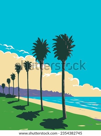 WPA poster art of surf beach at La Jolla Shores Beach in San Diego, California CA, United States of America USA done in works project administration.