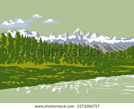 WPA poster art of Teton Range in the clouds in Grand Teton National Park in Jackson Hole northwestern Wyoming, USA done in works project administration or federal art project style.