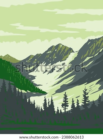 WPA poster art of North Cascades National Park with Magic Mountain and Pelton Peak in northern Washington State USA done in works project administration or federal art project style.