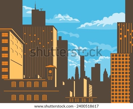 WPA poster art of the Chicago city skyline with buildings and skyscrapers along the Chicago River in Illinois, United States USA done in works project administration or federal art project style.