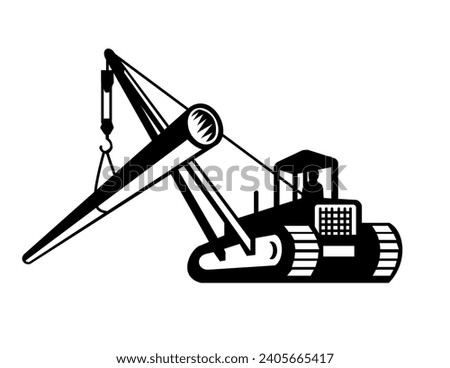 Mascot illustration of a digger excavator with boom crane laying pipe viewed from side in low angle on isolated background done black and white retro style.