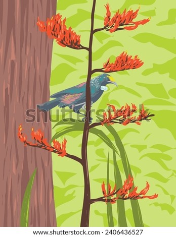 Art Deco or WPA poster of a Chatham Island tui, a large honeyeater bird native to New Zealand perching on a Phormium tenax, harakeke or New Zealand flax done in works project administration style.