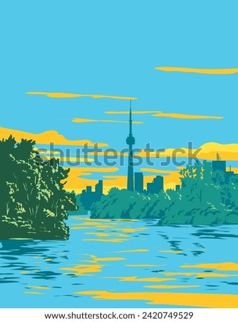 WPA poster art of Toronto Island Park with Toronto city skyline in background on Lake Ontario, Canada done in works project administration or federal art project style.