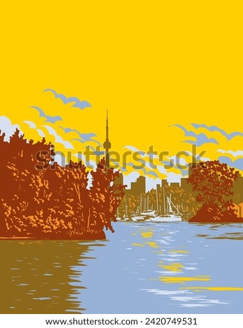 WPA poster art of Toronto Island Park with Toronto city skyline in background on Lake Ontario, Canada done in works project administration or federal art project style.