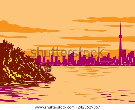 WPA poster art of Toronto city skyline on Toronto Bay viewed from Toronto Island Park on Lake Ontario, Canada done in works project administration or federal art project style.