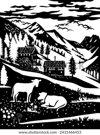 Swiss scherenschnitte or scissors cut illustration of silhouette of Binntal Nature Park with chalet, cow in Upper Valais village of Binn, Ernen, Grengiols, Bister Switzerland in paper cut or decoupage