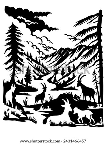 Swiss scherenschnitte or scissors cut illustration of silhouette of ibex with Val Trupchun located in Swiss National Park in Western Rhaetian Alps, Switzerland done in paper cut or decoupage style.