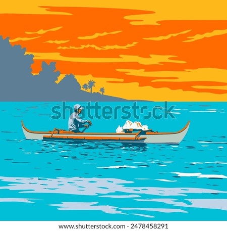 WPA poster art of Filipino fisherman paddling outrigger canoe along the northern coast of Subic Bay in Subic in Zambales, Philippines done in works project administration or federal art project style.