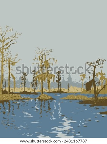 WPA poster art of Bayou Bardeaux in Barataria Preserve within Jean Lafitte National Historical Park, Louisiana USA done in works project administration or federal art project style.