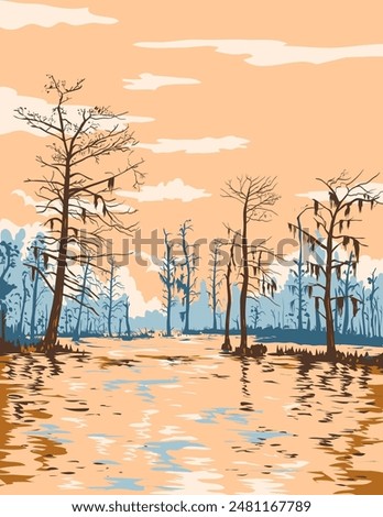 WPA poster art of wetlands in Barataria Preserve within Jean Lafitte National Historical Park, Louisiana USA done in works project administration or federal art project style.