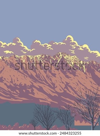 WPA poster art of the Remarkables mountain range in the Southern Alps viewed from Queenstown, Otago, South Island of New Zealand done in works project administration or federal art project style.