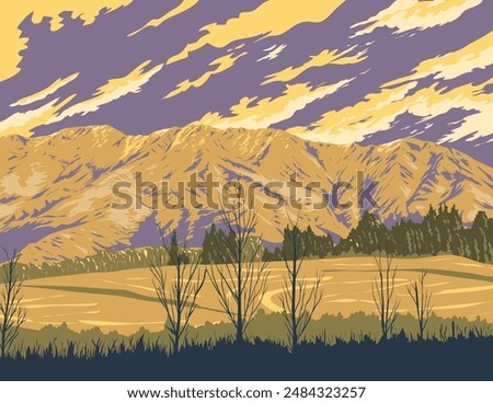 WPA poster art of the Remarkables mountain range viewed from Arthurs Point in Queenstown, Otago, South Island of New Zealand done in works project administration or federal art project style.