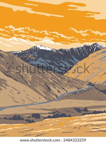 WPA poster art of the Remarkables Kawarau viewed from Arthurs Point in Queenstown, Otago, South Island of New Zealand done in works project administration or federal art project style.