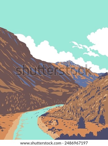 WPA poster art of the Shotover River Kimiakau with Mount Aspiring viewed from Arthurs Point in Queenstown, Otago, New Zealand done in works project administration or federal art project style.