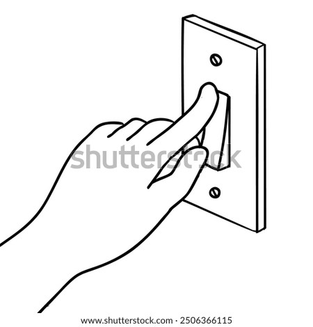 Drawing sketch style illustration of a human hand flipping turning on and power off electric light switch on isolated background done in black and white ilne art.