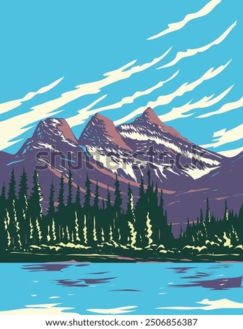 WPA poster art of Three Sisters Mountain, Big, Middle and Little Sister viewed from Bow River near Banff in Canmore, Alberta, Canada done in works project administration or federal art project style.