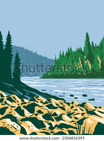 WPA poster art of Pembina River Provincial Park located between Entwistle and Evansburg in central Alberta, Canada done in works project administration or federal art project style.