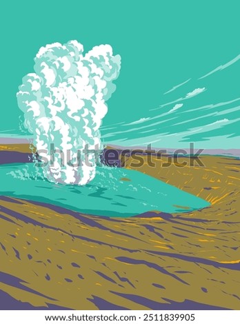 WPA poster art of the Kilauea summit caldera or Kaluapele with lava lake Pelehonuamea on the Kilauea volcano crater in Hawaii Volcanoes National Park, Hawaii USA done in works project administration.