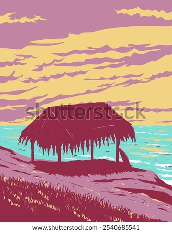 WPA poster art of surf beach at Windansea Beach on the coastline in the La Jolla community of San Diego, California, United States USA done in works project administration.