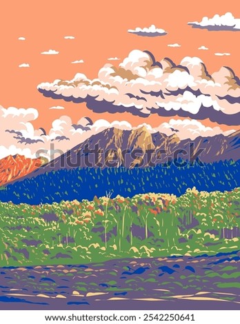 WPA poster art of the Canadian Rockies near Lac des Arcs located within Banff National Park in Alberta, Canada done in works project administration or or federal art project style.