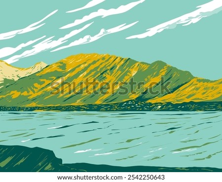 WPA poster art of Lac des Arcs lake that forms part of the Bow River located within Banff National Park in the Canadian Rockies in Alberta, Canada done in works project administration style.