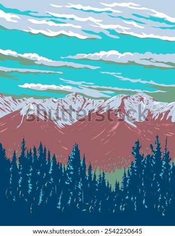 WPA poster art of the Sundance Range in the Canadian Rockies within Banff National Park in Alberta, Canada done in art deco, works project administration or federal art project style.