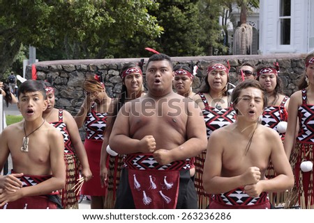 AUCKLAND-Mar.24: Maori youths perform haka war dance outside Cricket World Cup 2015 in Eden Park for Semi Final game of NZ and South Africa in Auckland, New Zealand on Tuesday, March 24, 2015.