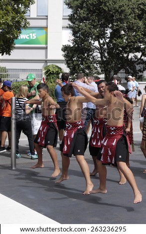 AUCKLAND-Mar.24: Maori youths perform haka war dance outside Cricket World Cup 2015 in Eden Park for Semi Final game of NZ and South Africa in Auckland, New Zealand on Tuesday, March 24, 2015.