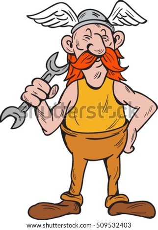 Illustration of a viking repairman standing holding spanner with one hand and the other hand on hips facing front set inside  on isolated white background done in cartoon style. 