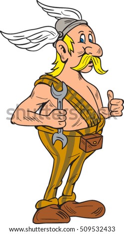 Illustration of a viking repairman holding spanner thumbs up set on isolated white background done in cartoon style. 