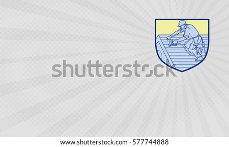 Business card showing Mono line style illustration of a roofer construction worker wearing hat working on roof with hand drill viewed from the side set inside shield crest.  Stock photo © 