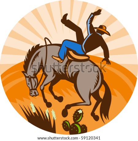 vector illustration of a cowboy falling off horse in the desert done in retro woodcut style.