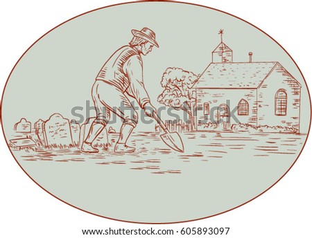 Drawing sketch style illustration of a grave digger in the medieval times holding shovel digging viewed from the side set inside oval shape with church, tombstone and tree in the background. 