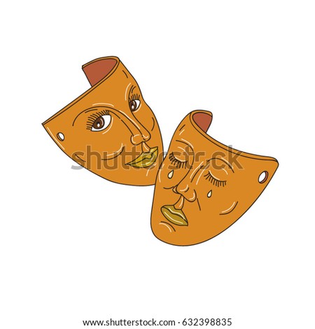 Vector  Mono line style illustration of masks associated with drama representing division between comedy and tragedy using ancient Greek Muses, Thalia the laughing face,and  Melpomene, weeping face.