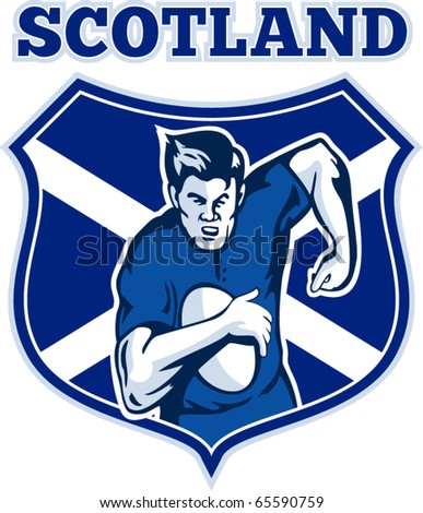 vector illustration of a rugby player running with ball with scotland flag and shield in background
