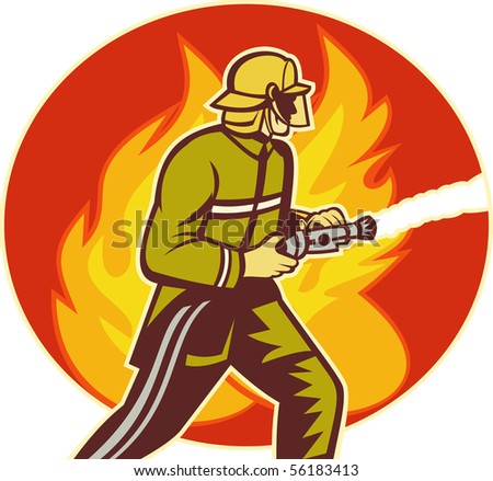 Illustration Of A Firefighter Fireman With Water Hose Fighting Fire ...