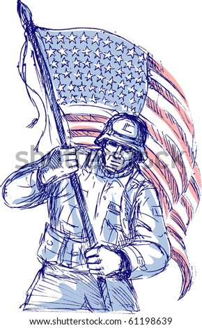 Hand Drawn Sketch Of An American Soldier In Full Battle Gear Carrying ...