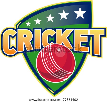 illustration of a cricket sports ball with shield and stars on isolated white  background done in retro style