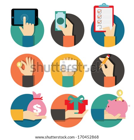 Hands with object icons set, Flat Design Vector illustration
