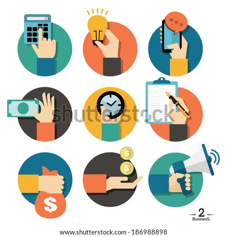 Hands with business object icons set, Flat Design Vector illustration