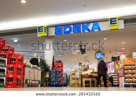 MEPPEN, GERMANY - FEBRUARY 27: Edeka supermarket in a shopping mall in Meppen. The Edeka Group is the largest German supermarket corporation, Taken on February 27, 2015 in Meppen, Germany