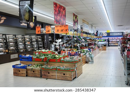 NEUENHAUS, GERMANY - MAY 21: The fresh department of a Lidl supermarket. Lidl is a German discount chain, 9800 stores, in 28 countries in Europe. Photo taken on May 21, 2015 in Neuenhaus, Germany