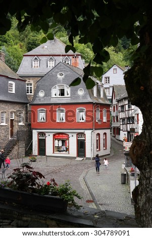 MONSCHAU, GERMANY, JULY 25: Street view in the historical town center of Monschau a small resort town and a popular tourist attraction in the Eifel region of Germany. Photo taken on July 25, 2015